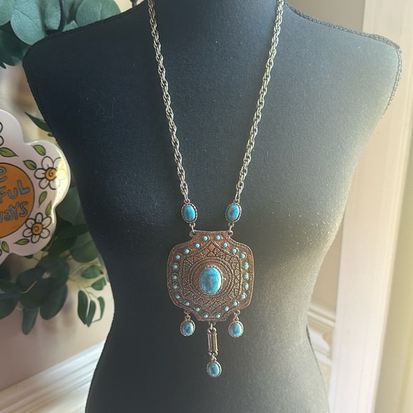 Long Boho Statement Necklace W/Turquoise Colored Stones - Picture 1 of 6